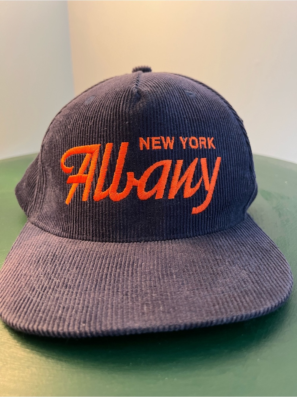 Vintage stitched Albany NY Corduroy Baseball Cap - Navy w/Orange Embroidery